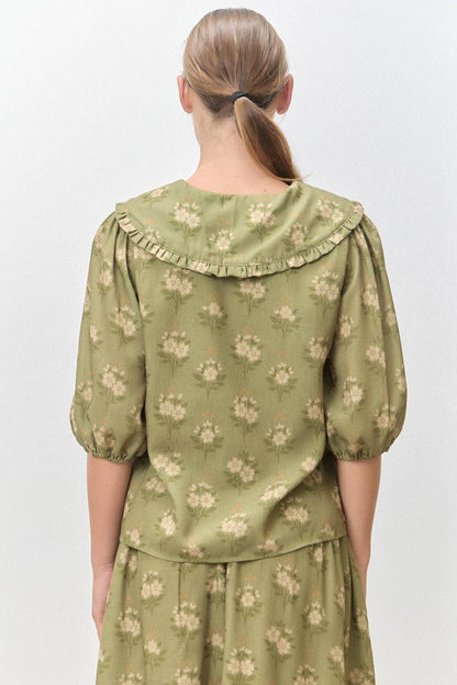 OLIVE GREEN PETER PAN FLORAL PRINT COLLARED BUTTON DOWN SHORT SLEEVE TOP SKIRT SET