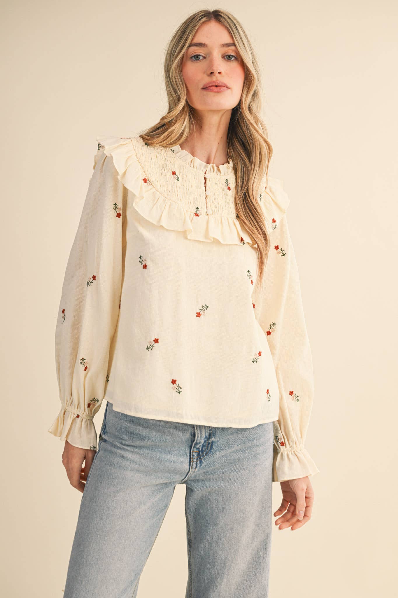 RUFFLED SMOCKED YOKE EMBROIDERED BLOUSE Multiple Color - PRE ORDER