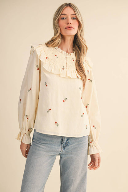 RUFFLED SMOCKED YOKE EMBROIDERED BLOUSE Multiple Color - PRE ORDER
