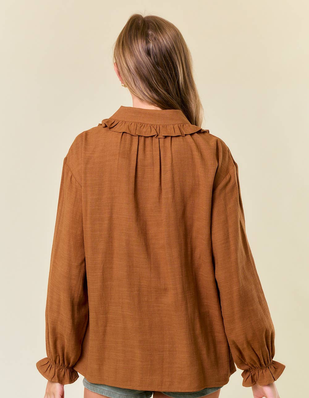 Ruffle Collar Drop Shoulder Oversized Blouse Rust Coffee