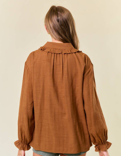 Ruffle Collar Drop Shoulder Oversized Blouse Rust Coffee