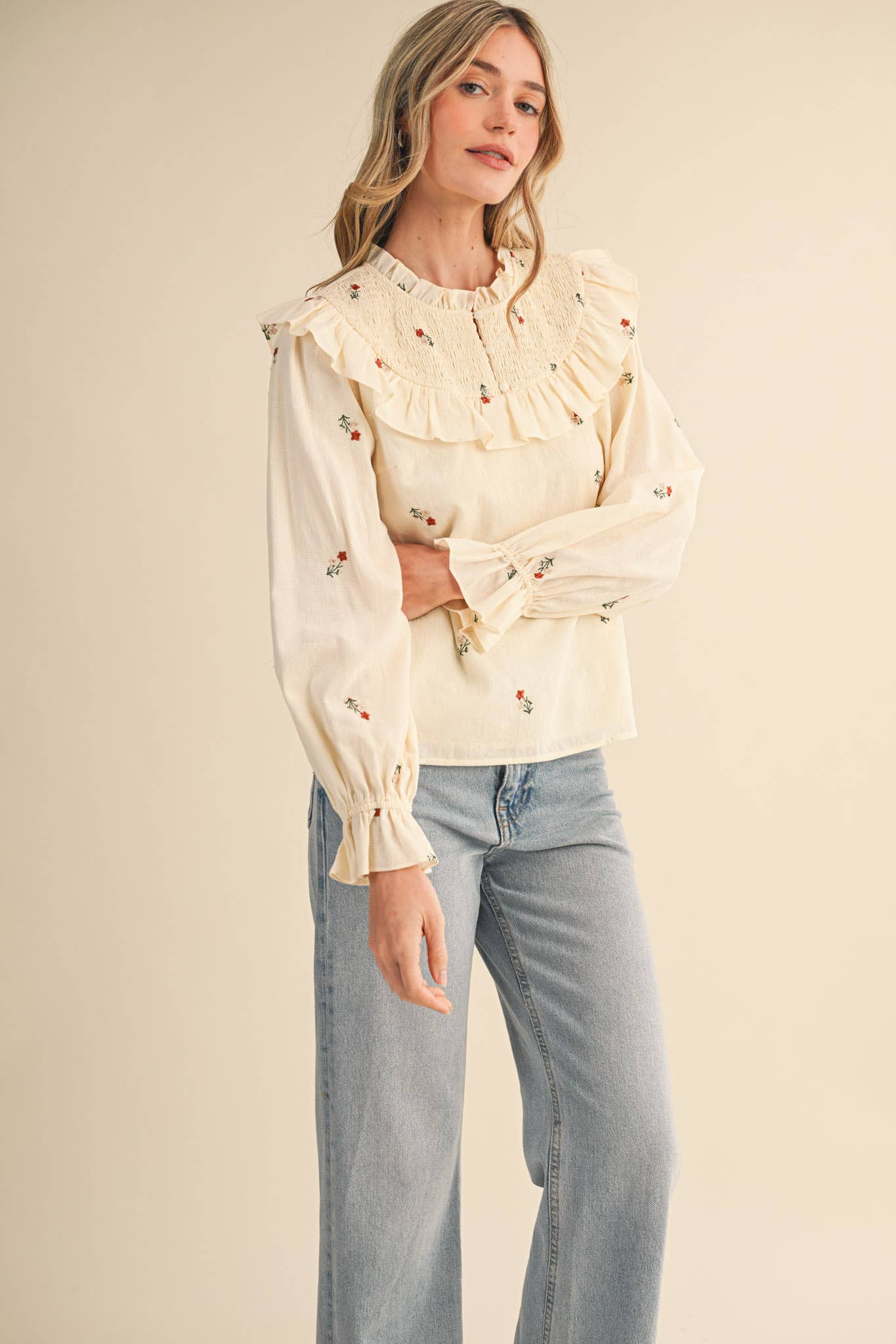 RUFFLED SMOCKED YOKE EMBROIDERED BLOUSE Multiple Color - PRE ORDER