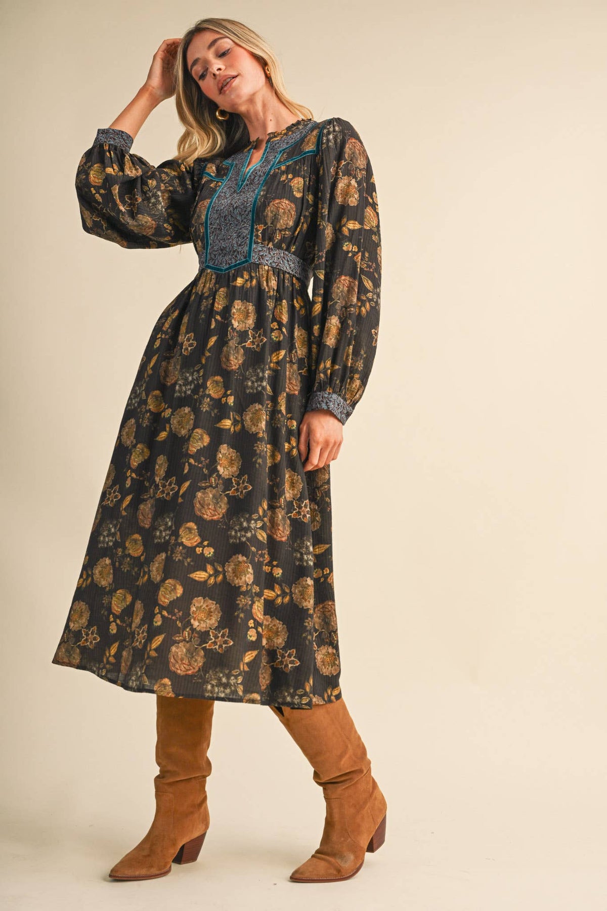 FLORAL PRINT CONTRAST VELVET TRIM MIDI DRESS MDR5304