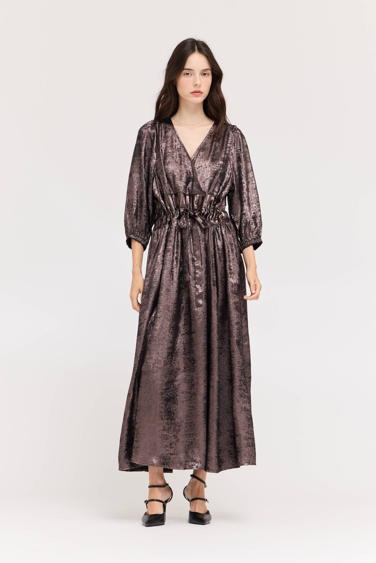 ESPRESSO BROWN TIE FRONT PLEAT WAIST SHINE DRESS