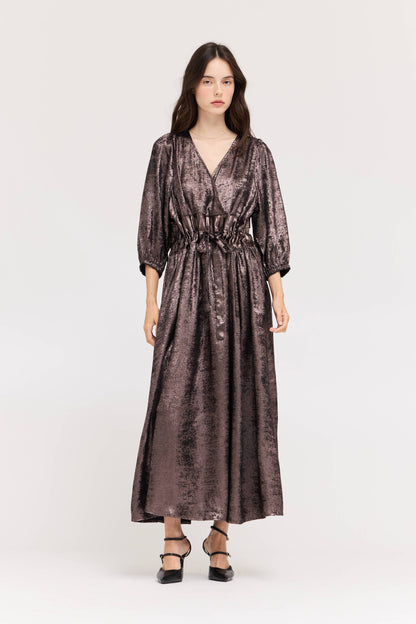 ESPRESSO BROWN TIE FRONT PLEAT WAIST SHINE DRESS