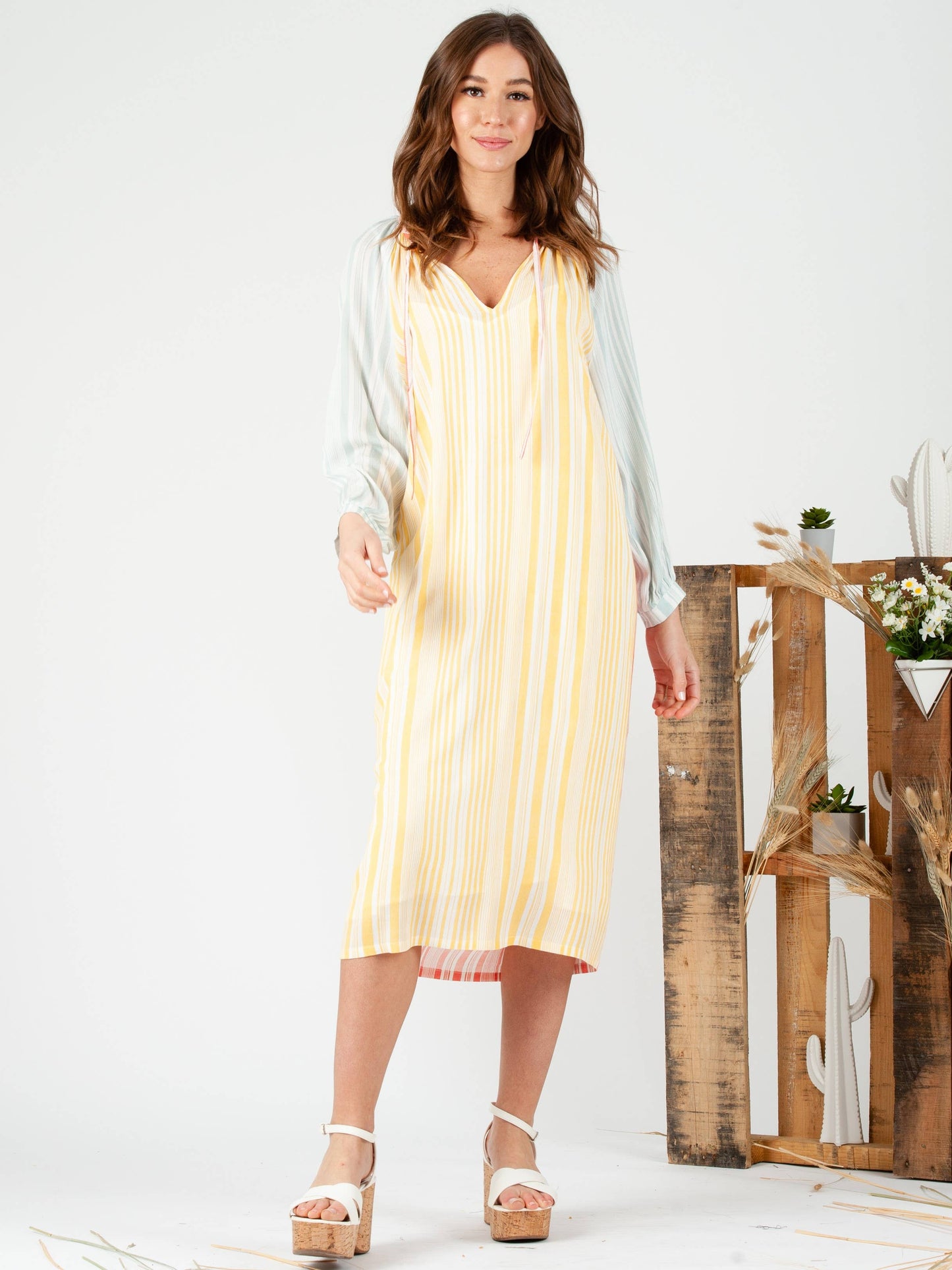 Blue Pink Yellow Multi Color Women's Striped Colorblock Midi Dress