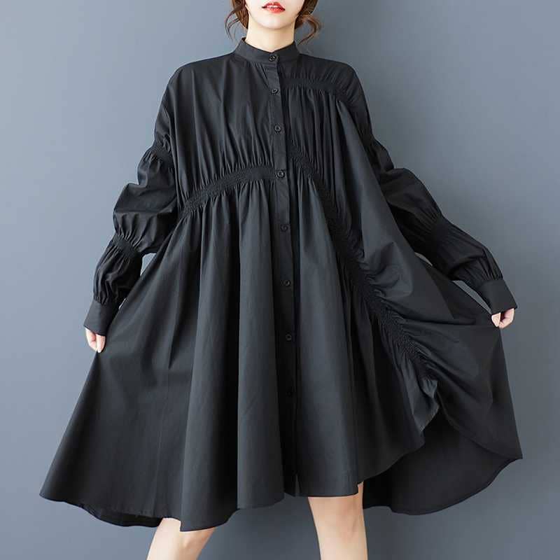 Black Relaxed Ruched Gathered Shirt Dress
