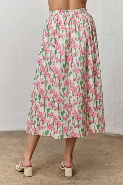 Ditsy Floral High-Waisted A-Line Midi Skirt Top Pink