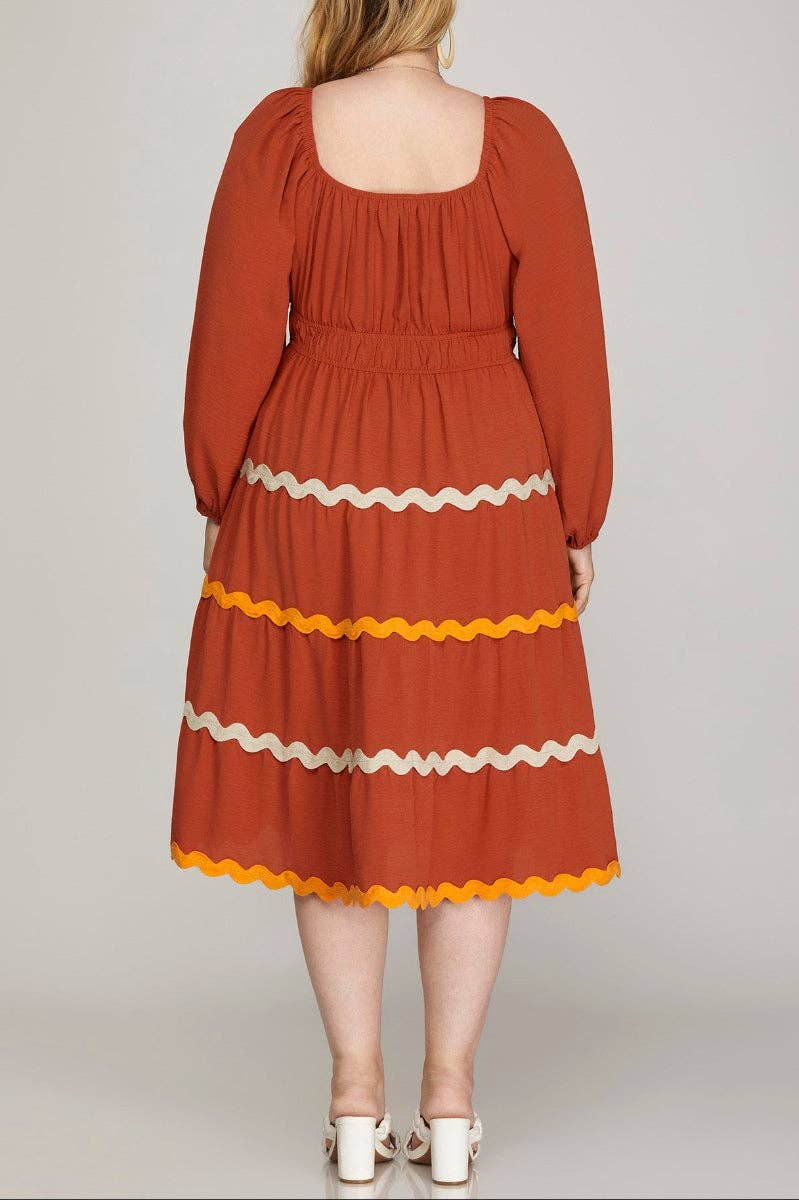 PLUS - LONG SLEEVE WOVEN TIERED RIC RAC TRIM DRESS