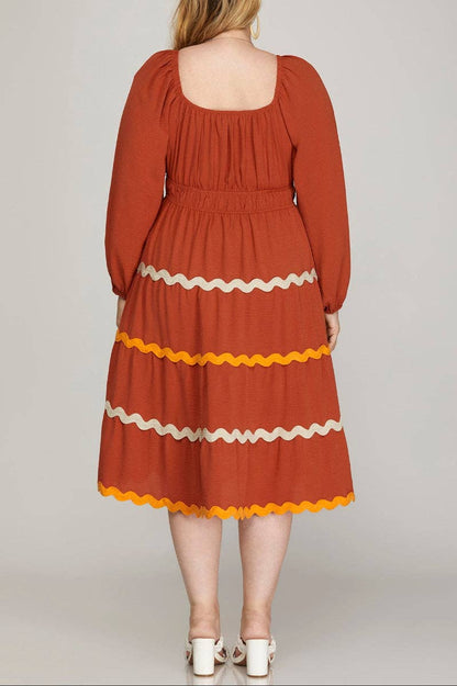 PLUS - LONG SLEEVE WOVEN TIERED RIC RAC TRIM DRESS
