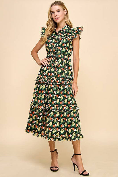 Floral Print Scalloped Detail Midi Dress