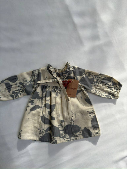 Grey Leaf Printed Gathered Long Sleeve Dress