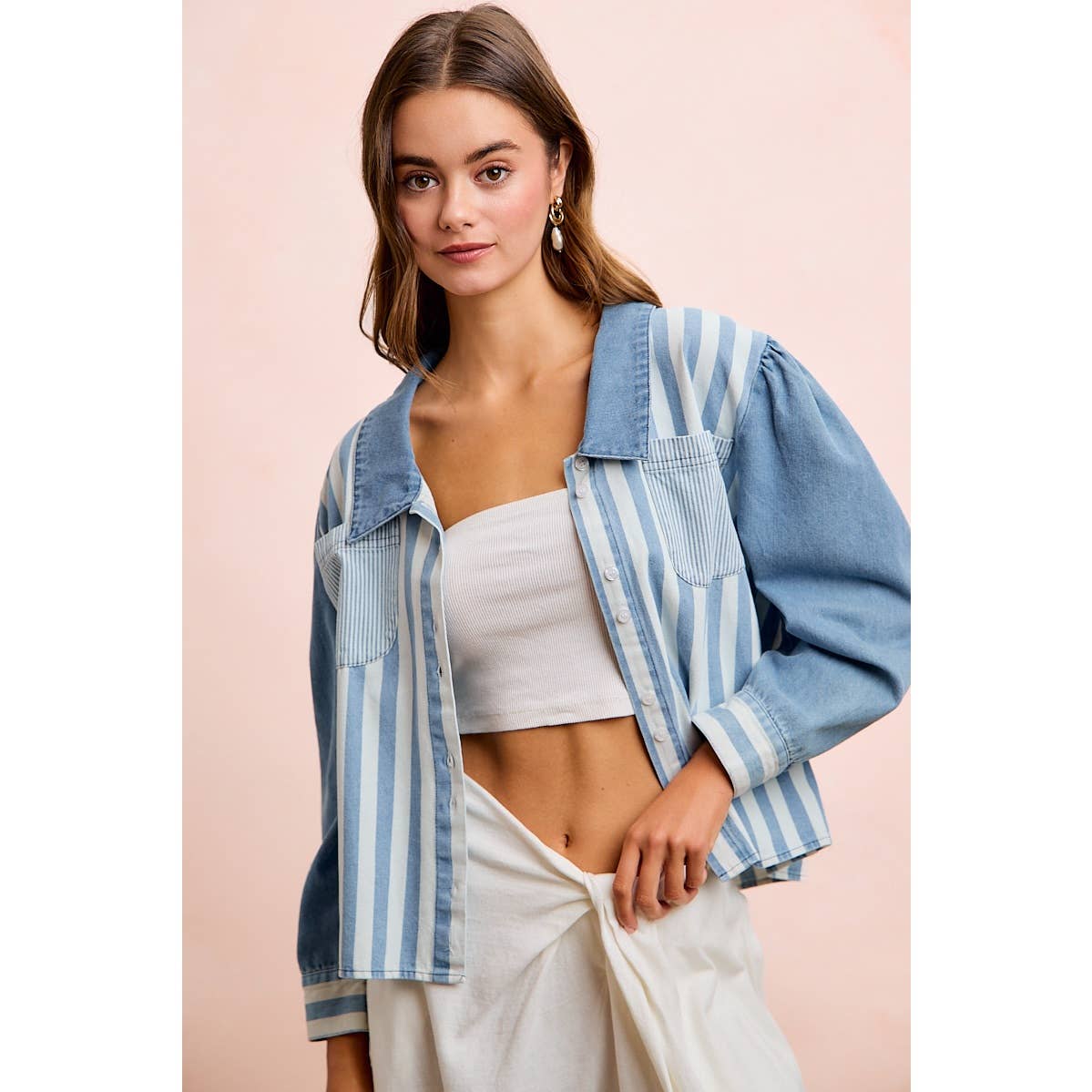 WASHED MULTI STRIPED DENIM BUTTONED SHACKET TOP