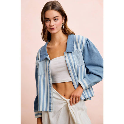 WASHED MULTI STRIPED DENIM BUTTONED SHACKET TOP