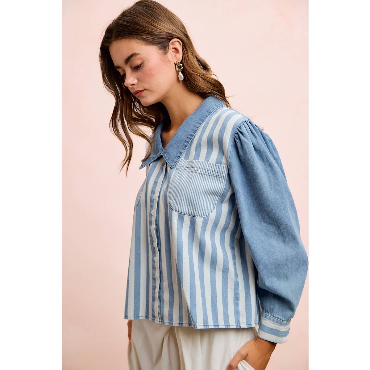WASHED MULTI STRIPED DENIM BUTTONED SHACKET TOP