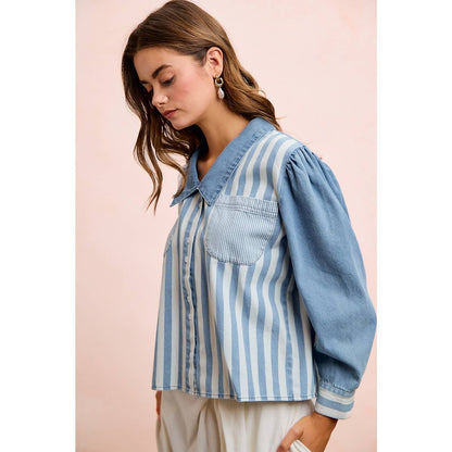 WASHED MULTI STRIPED DENIM BUTTONED SHACKET TOP