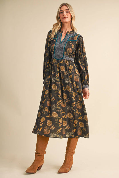 FLORAL PRINT CONTRAST VELVET TRIM MIDI DRESS MDR5304