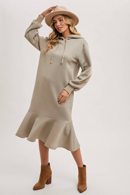 FLOUNCE HEM HOODIE SWEATSHIRT MIDI DRESS
