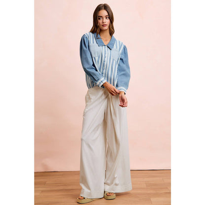 WASHED MULTI STRIPED DENIM BUTTONED SHACKET TOP
