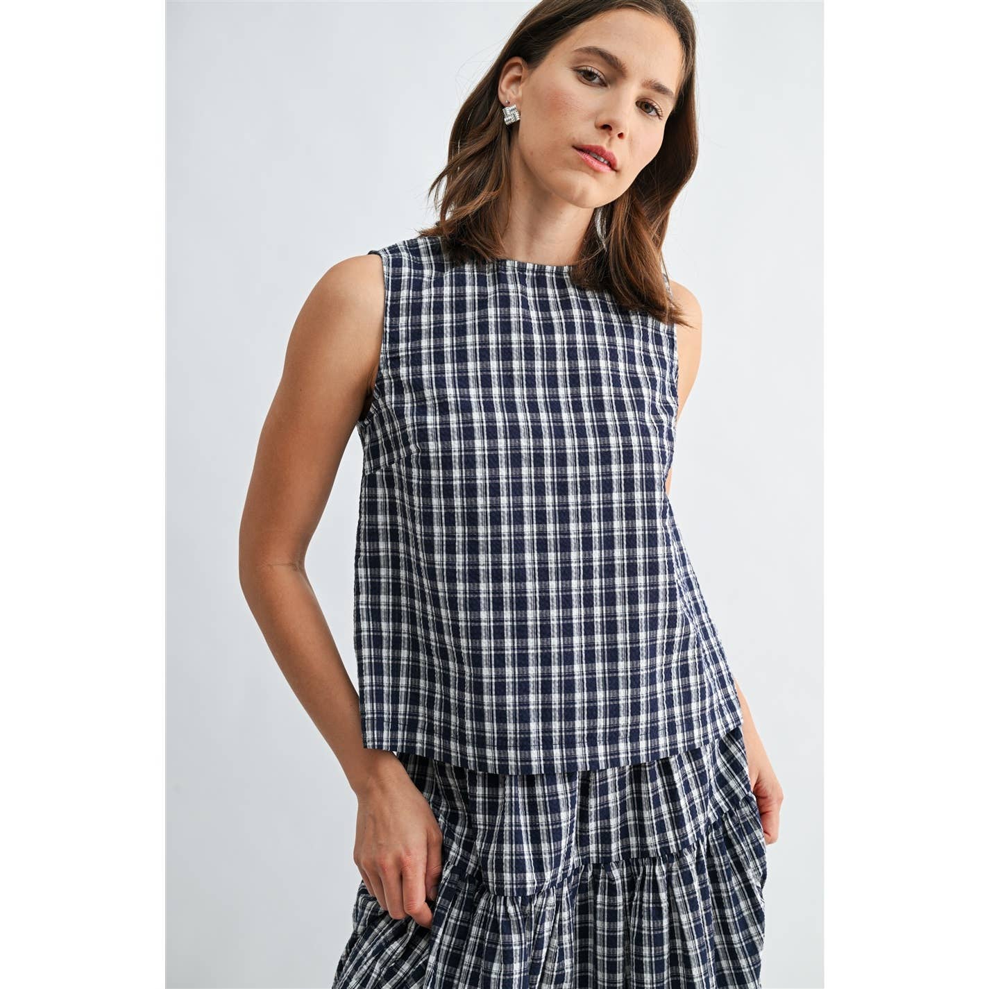 GINGHAM PRINTED SLEEVELESS BUTTONBACK TANK TOP - PRE ORDER