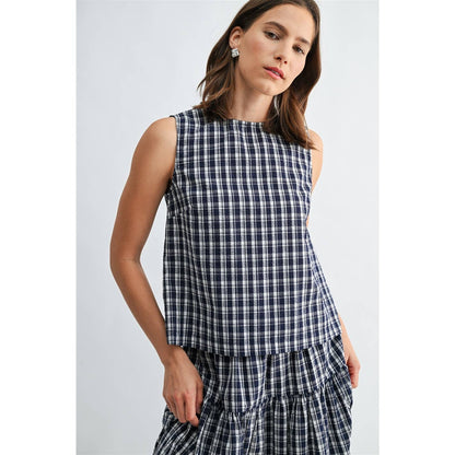 GINGHAM PRINTED SLEEVELESS BUTTONBACK TANK TOP - PRE ORDER