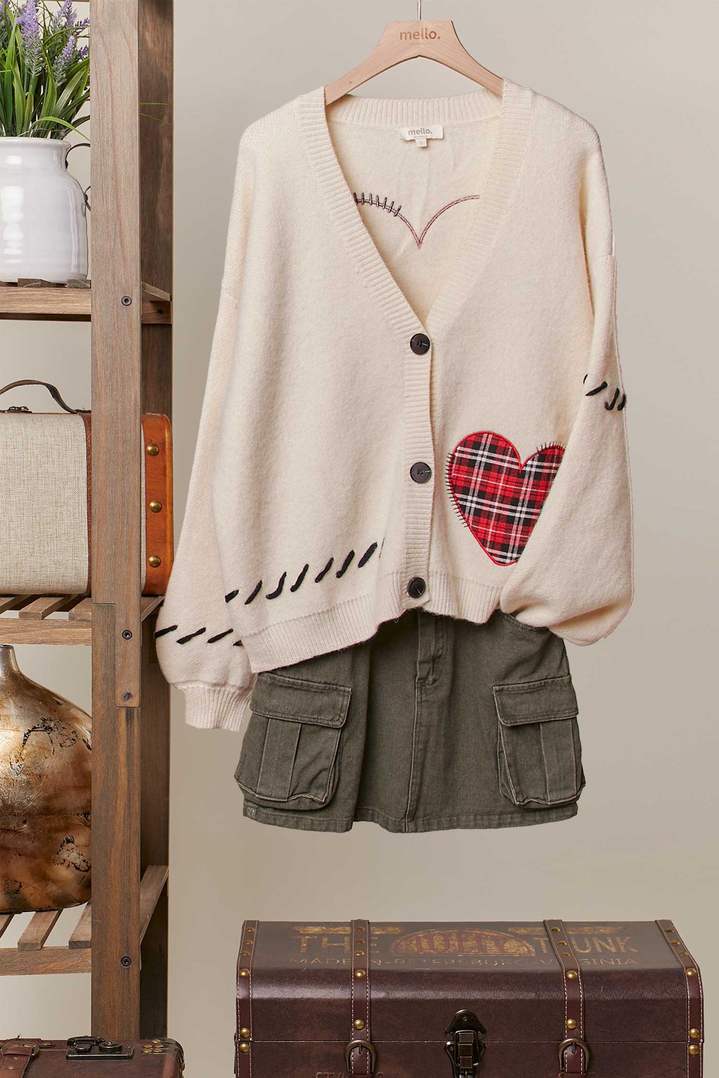 Stitch Heart Accent V Neck Knit Cardigan