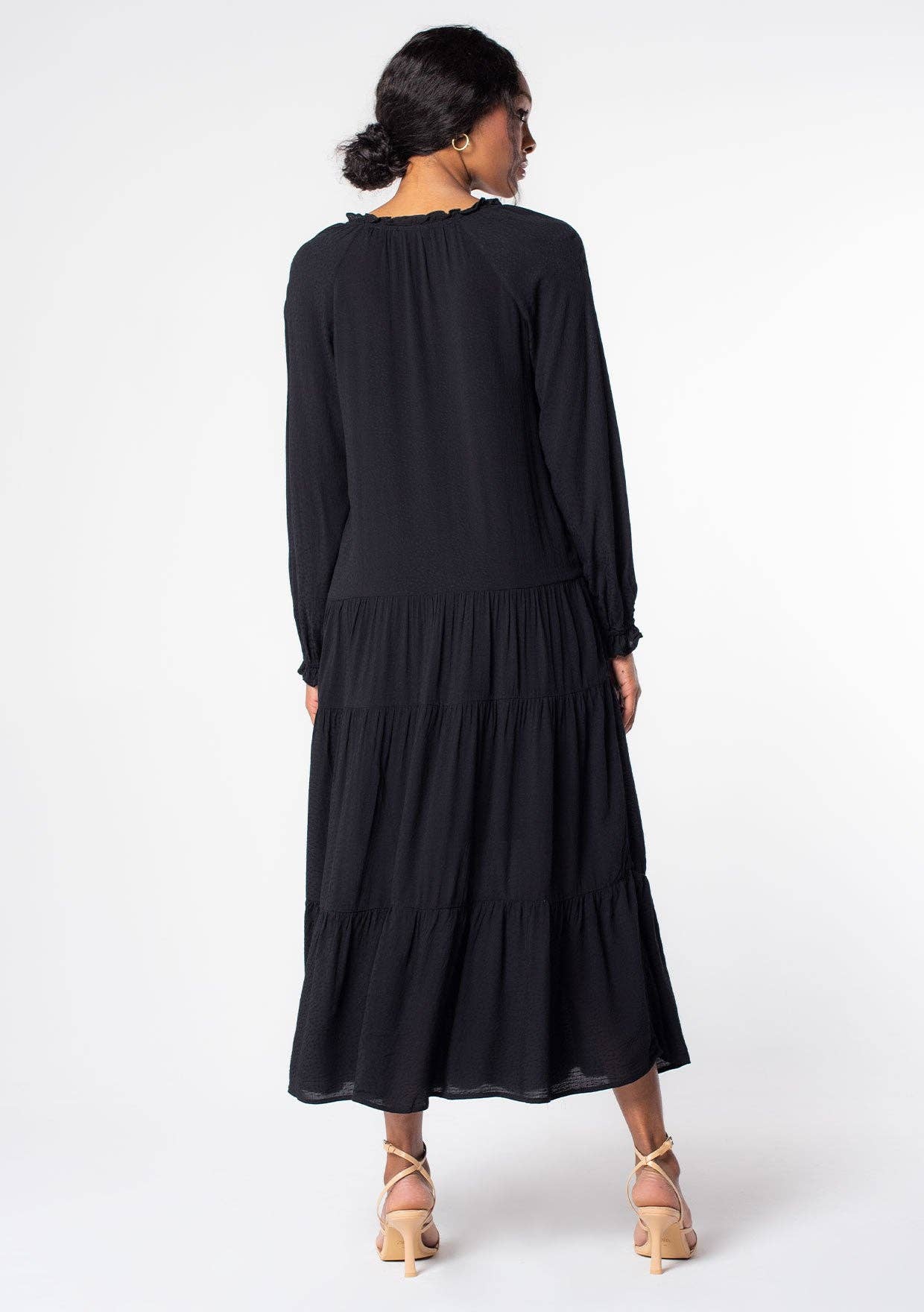 Bohemian Solid Tiered Long Sleeve Midi Dress