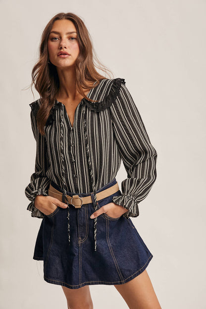 Embroidered Collar Textured Peter Pan Blouse