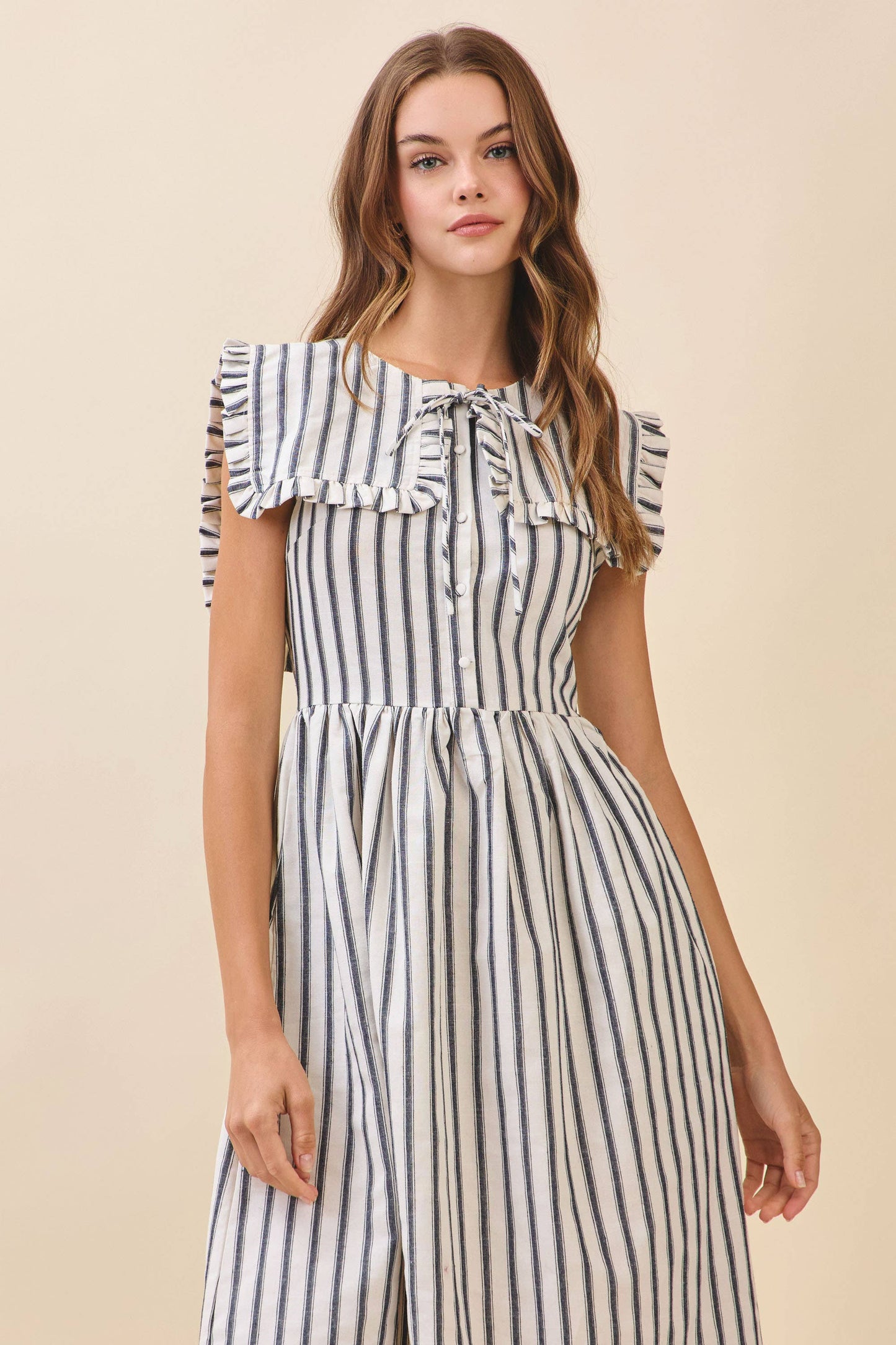 Striped Ruffled Square Collar Front Tie Midi Dres