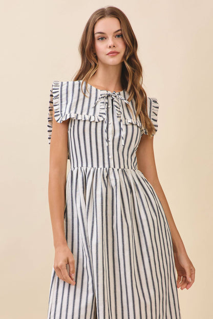 Striped Ruffled Square Collar Front Tie Midi Dres