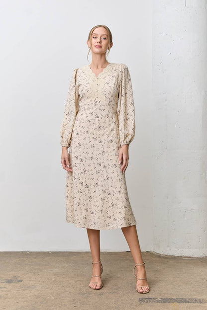 LACE TRIM FLORAL PRINT MIDI DRESS