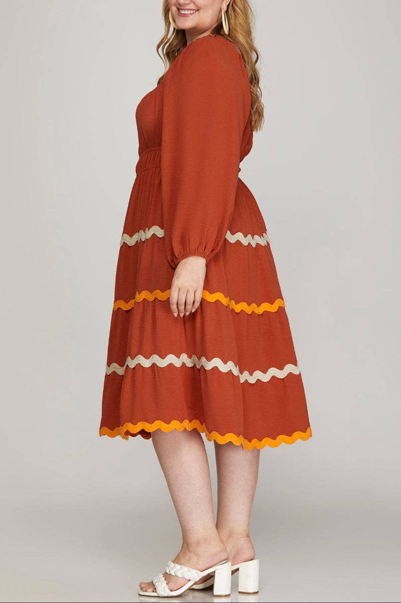 PLUS - LONG SLEEVE WOVEN TIERED RIC RAC TRIM DRESS