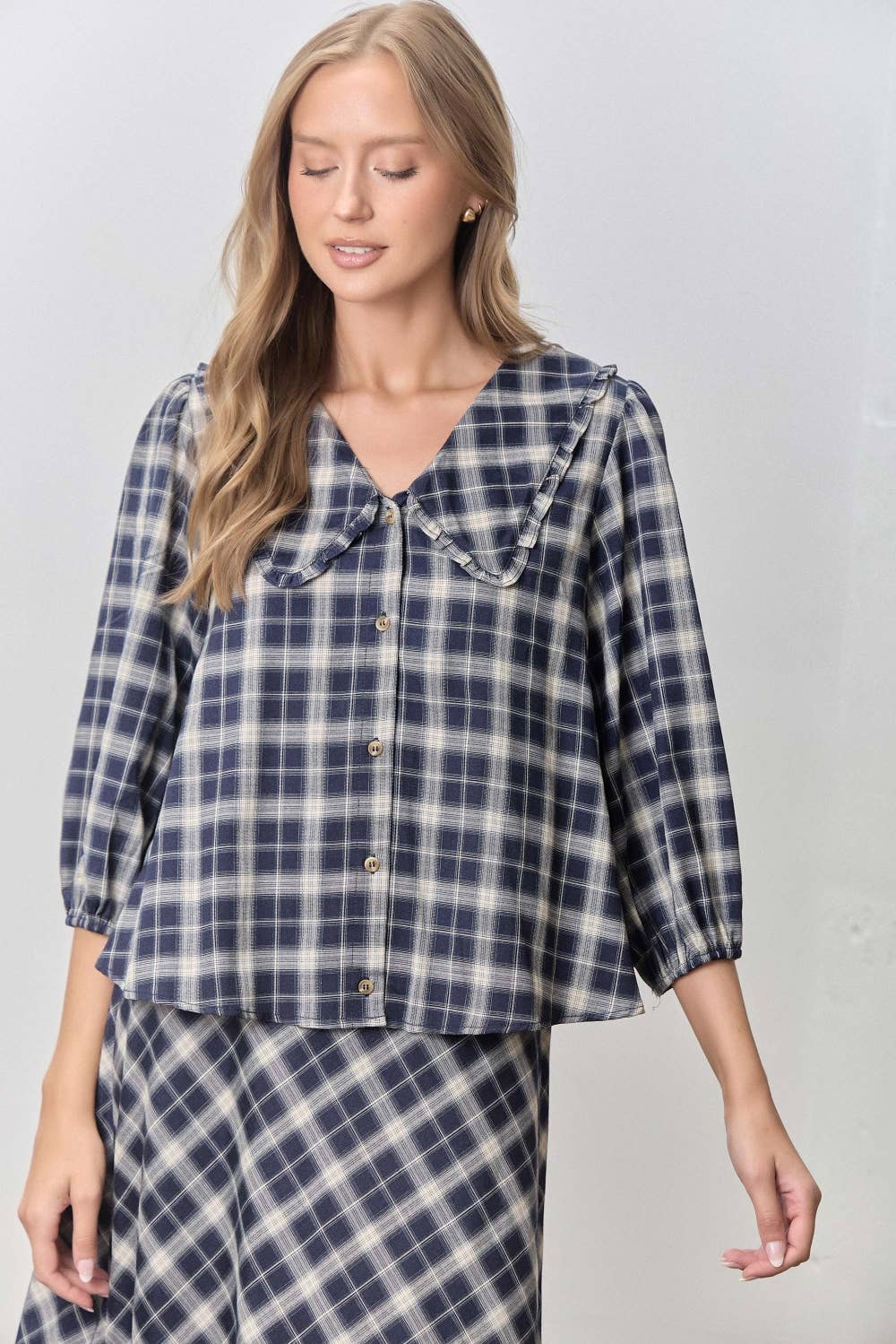 PLAID PRINT V NECK HALF SLEEVE PETER PAN COLLAR TOP SKIRT JACKET SET
