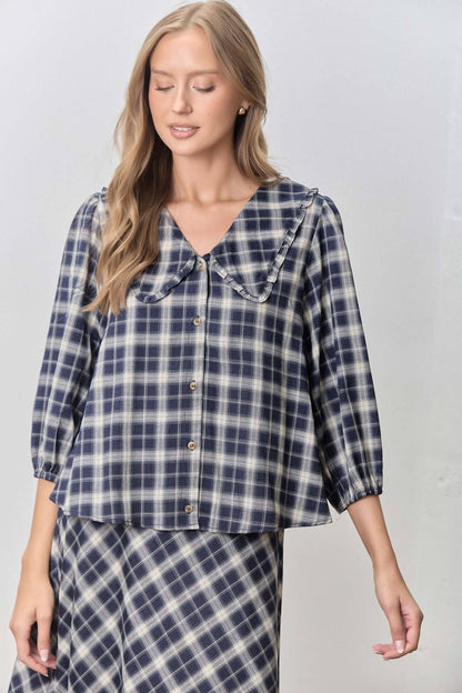PLAID PRINT V NECK HALF SLEEVE PETER PAN COLLAR TOP SKIRT JACKET SET