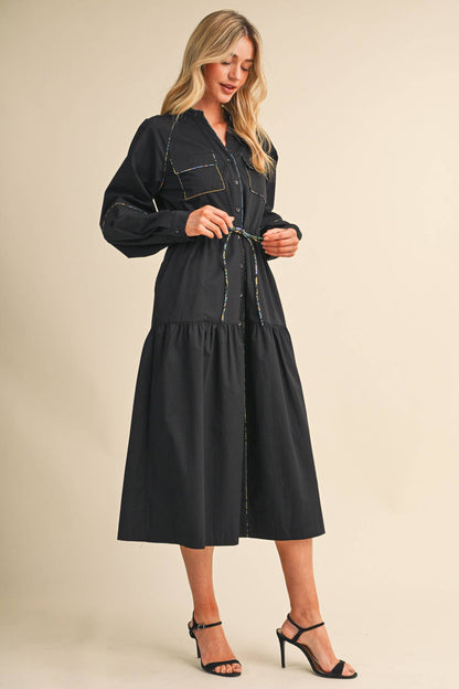 UTILITY MIDI DRESS WITH CONTRAST PIPING TRIM
