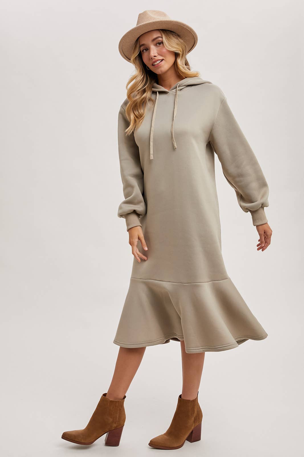 FLOUNCE HEM HOODIE SWEATSHIRT MIDI DRESS