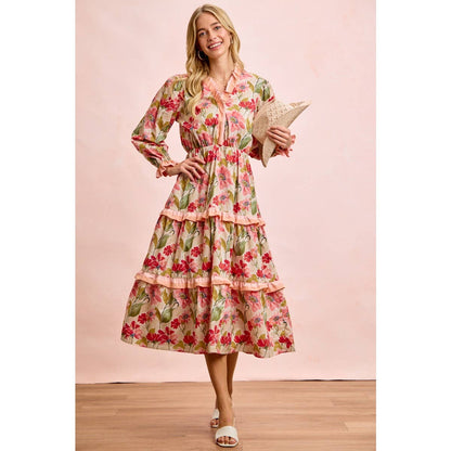 FLORAL PRINT MIDI DRESS WITH RUFFLE SCALLOP EDGE DETAILS