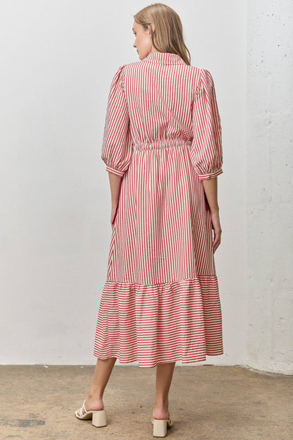 STRIPED CONTRAST SIDE RIBBON MIDI DRESS