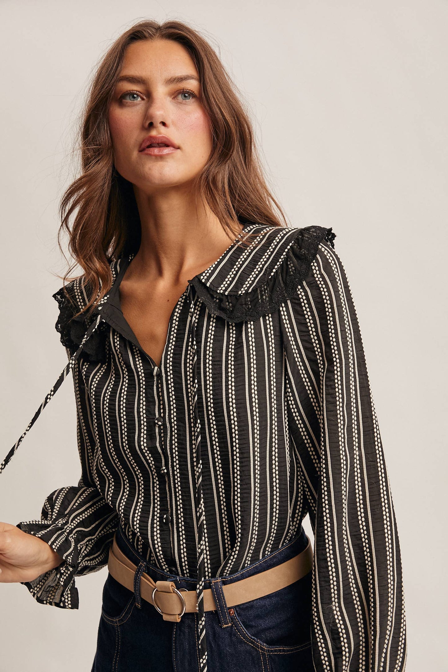 Embroidered Collar Textured Peter Pan Blouse