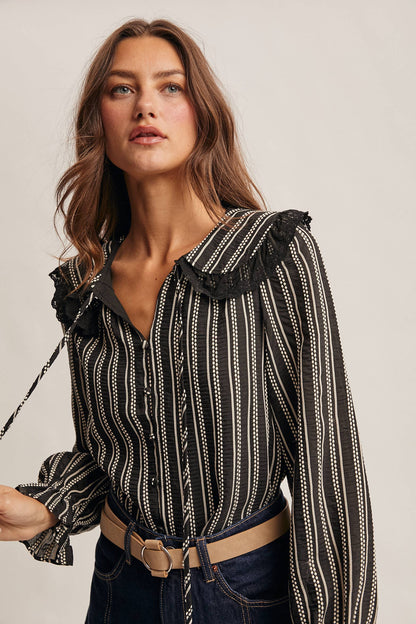 Embroidered Collar Textured Peter Pan Blouse