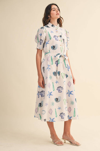 SEASHELL PRINT RUFFLE COLLAR BELTED MIDI DRESS