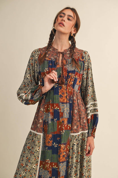 MIXED FLORAL PATCHWORK MIDI DRESS WITH LACE TRIM MDR4135