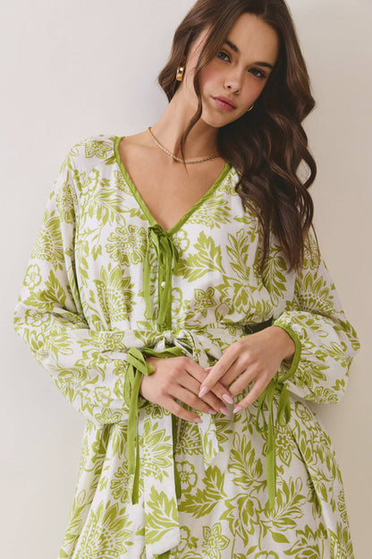 Floral Tie Front Button Placket Down Midi Dress