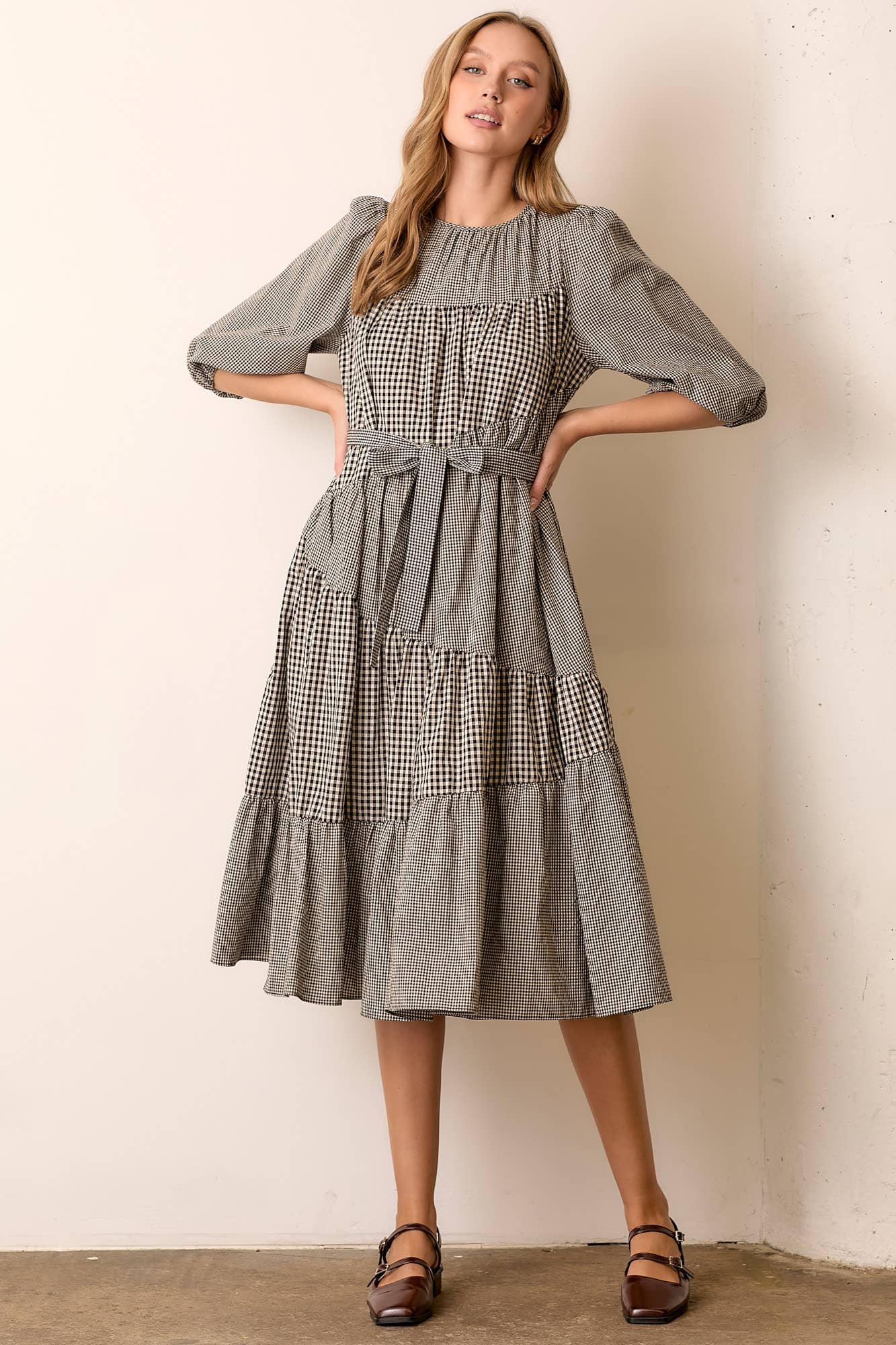 GINGHAM WAIST TIE MIDI DRESS