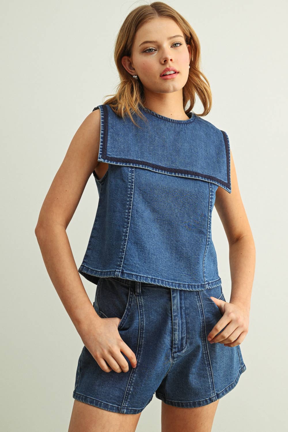 Sailor Big Collar Stretch Denim Top - PRE ORDER