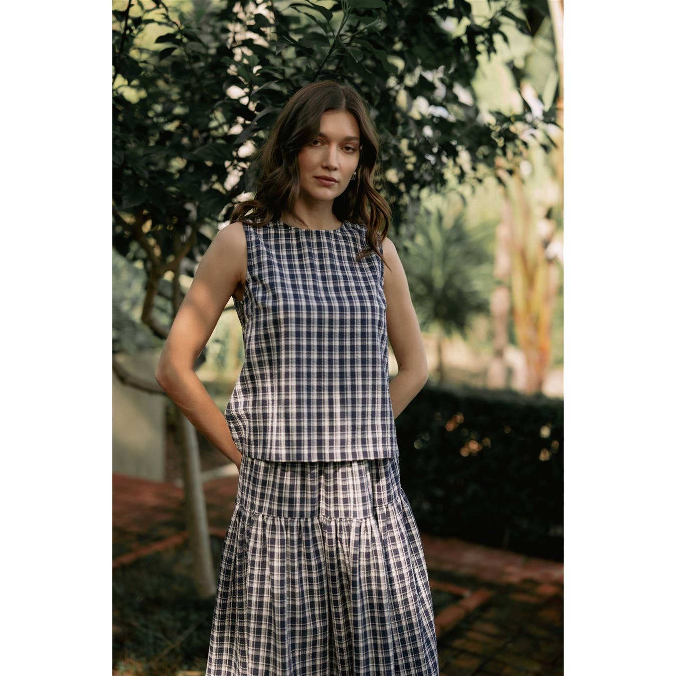 GINGHAM PRINTED SLEEVELESS BUTTONBACK TANK TOP - PRE ORDER