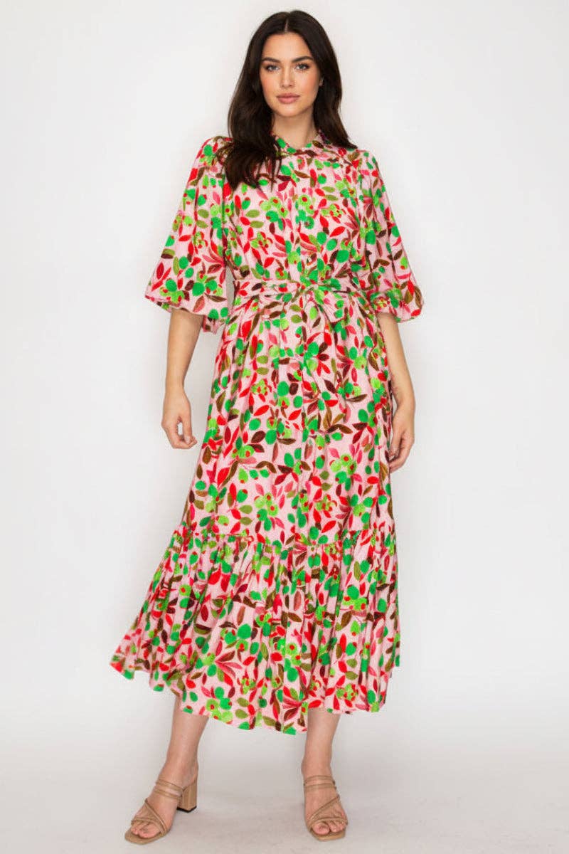 PINK GREEN TIERED MIDI DRESS WITH A COLLARED BUTTON FRONT TIE WAIST