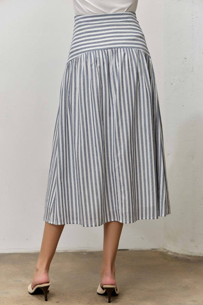 STRIPED COTTON TOP MIDI SKIRT SET NAVY