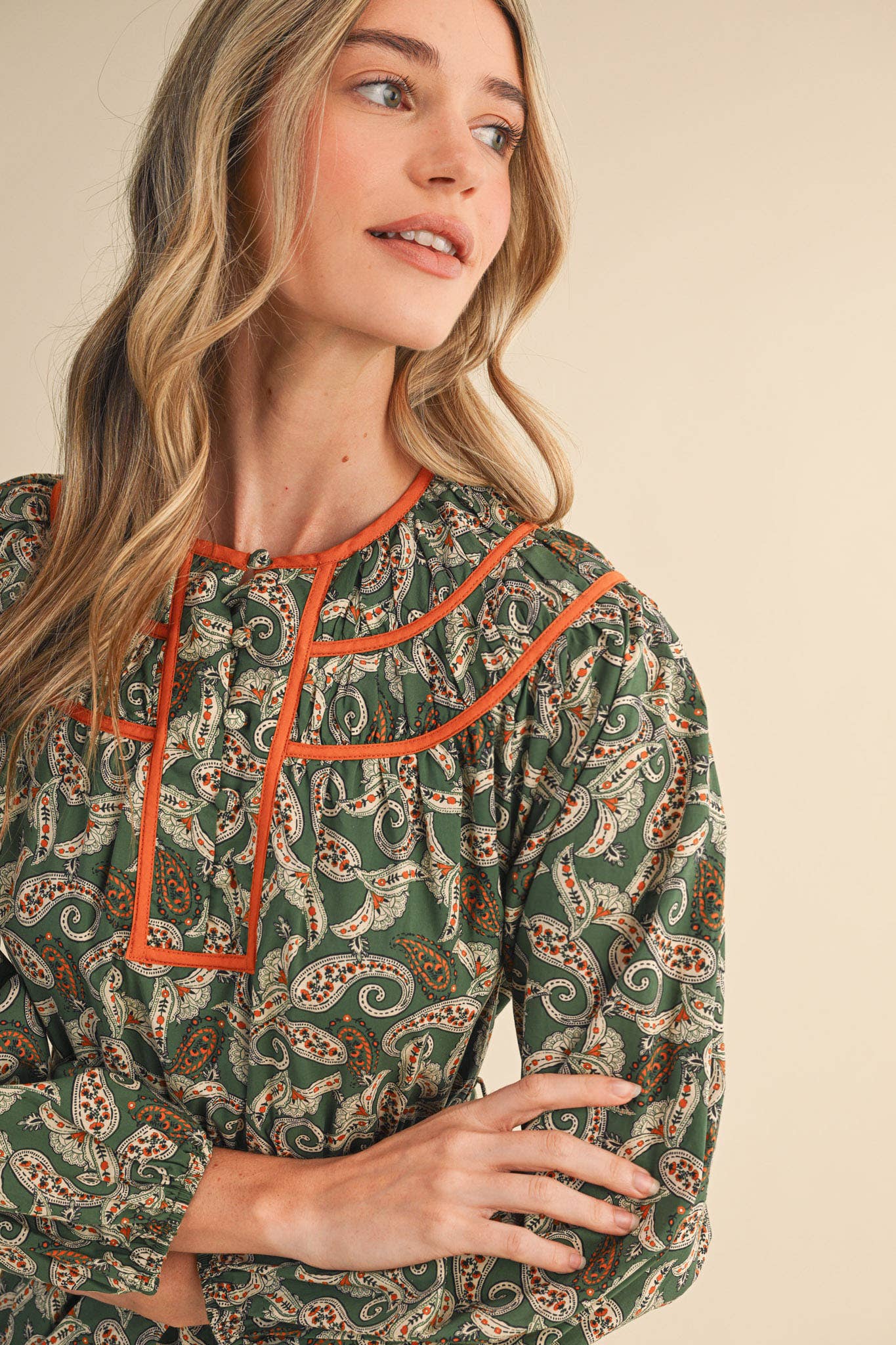 PAISLEY PRINT CONTRAST BINDING MIDI DRESS