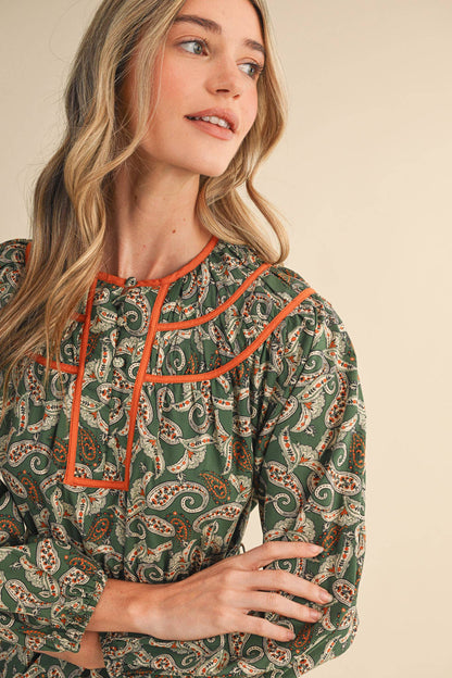 PAISLEY PRINT CONTRAST BINDING MIDI DRESS